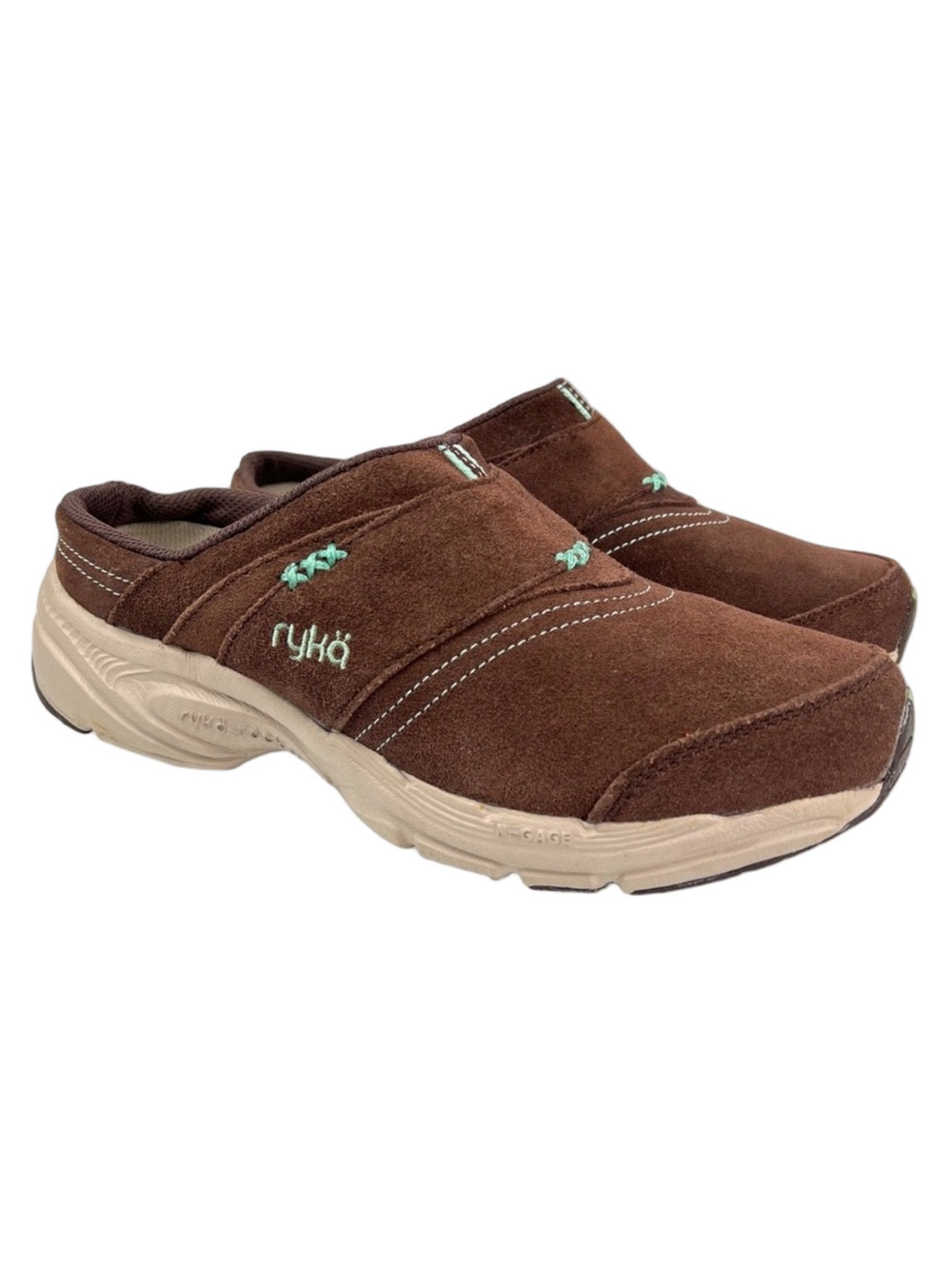 Ryka Brown Suede Slip-On Mule with Mint Accents size 7.5 GUC